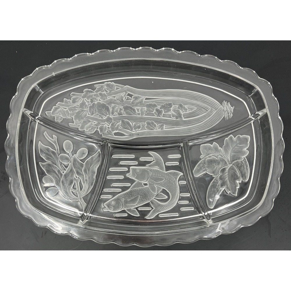 Vintage MCM Tiara Glass Large 4-Part‎ Divided Crudite Relish Dish Etched Frosted